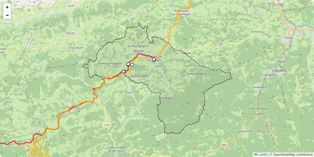 Nahverkehrsnetz in kirchberg-an-der-pielach, Österreich - Buslinien, Haltestellen und Verbindungen auf der Karte