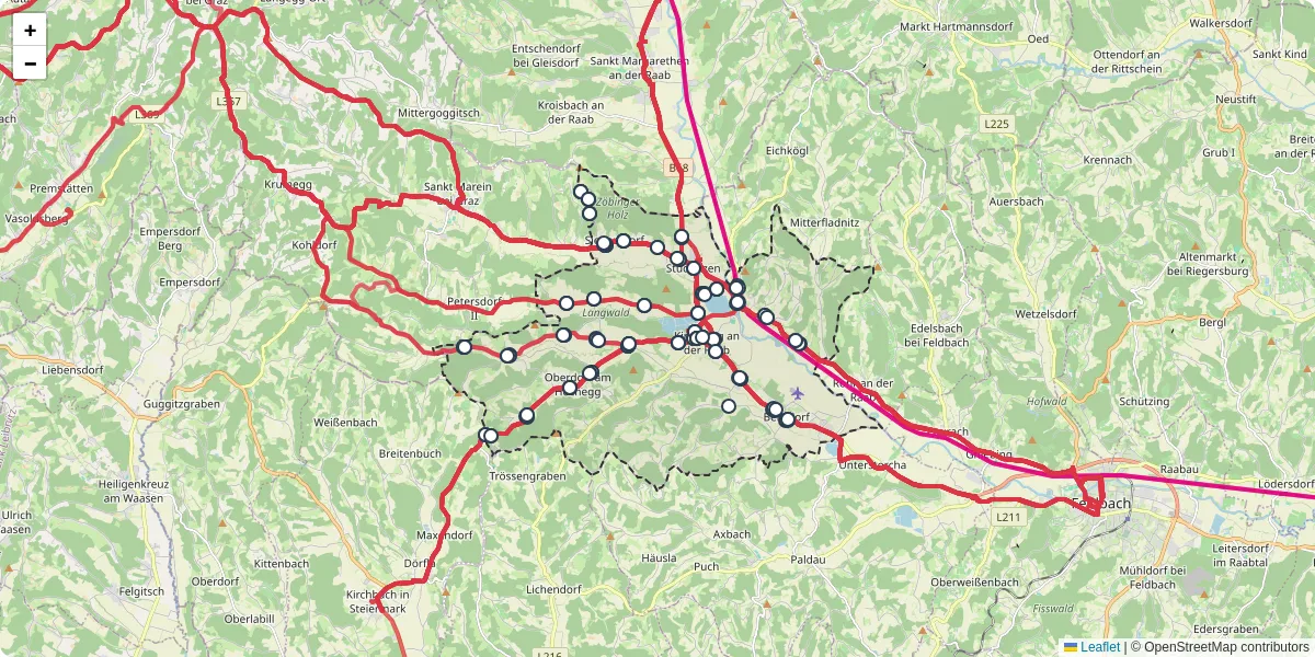 Nahverkehrsnetz in kirchberg-an-der-raab, Österreich - Buslinien, Haltestellen und Verbindungen auf der Karte