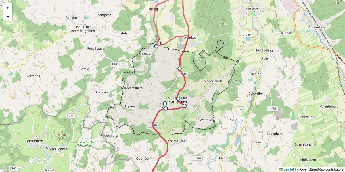 Nahverkehrsnetz in kirchberg-bei-mattighofen, Österreich - Buslinien, Haltestellen und Verbindungen auf der Karte