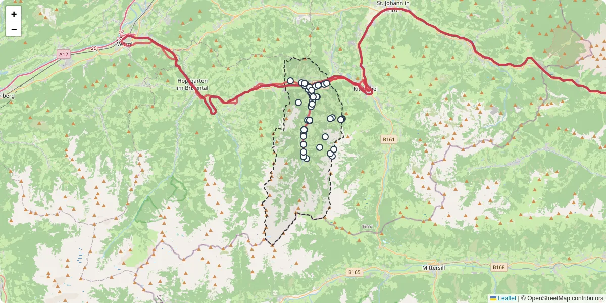 Nahverkehrsnetz in kirchberg-in-tirol, Österreich - Buslinien, Haltestellen und Verbindungen auf der Karte