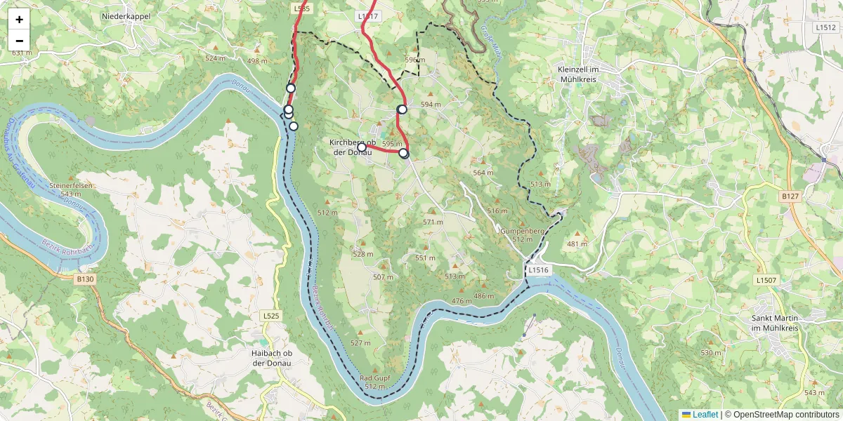 Nahverkehrsnetz in kirchberg-ob-der-donau, Österreich - Buslinien, Haltestellen und Verbindungen auf der Karte