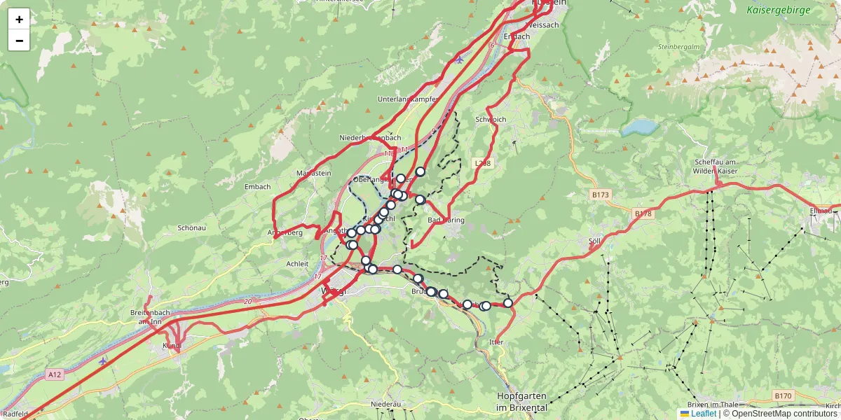 Nahverkehrsnetz in kirchbichl, Österreich - Buslinien, Haltestellen und Verbindungen auf der Karte