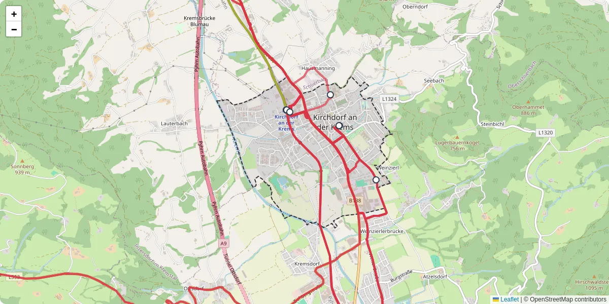 Nahverkehrsnetz in kirchdorf-an-der-krems, Österreich - Buslinien, Haltestellen und Verbindungen auf der Karte