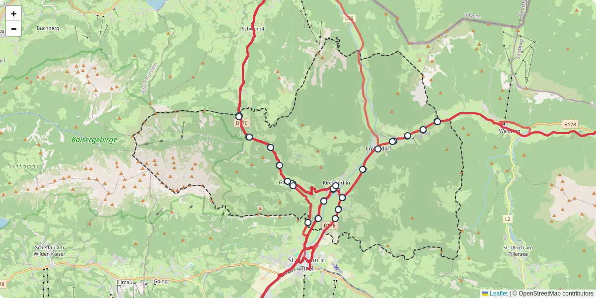 Nahverkehrsnetz in kirchdorf-in-tirol, Österreich - Buslinien, Haltestellen und Verbindungen auf der Karte