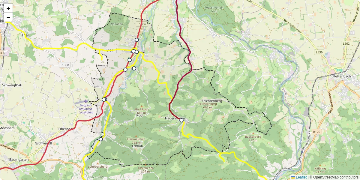 Nahverkehrsnetz in kirchham, Österreich - Buslinien, Haltestellen und Verbindungen auf der Karte