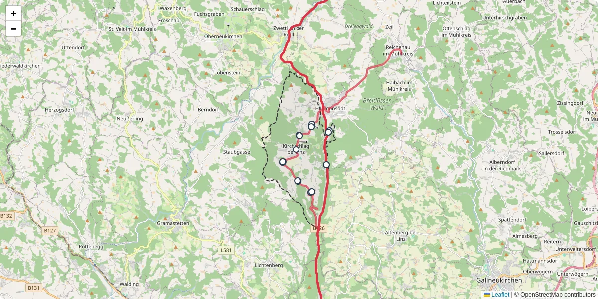 Nahverkehrsnetz in kirchschlag-bei-linz, Österreich - Buslinien, Haltestellen und Verbindungen auf der Karte