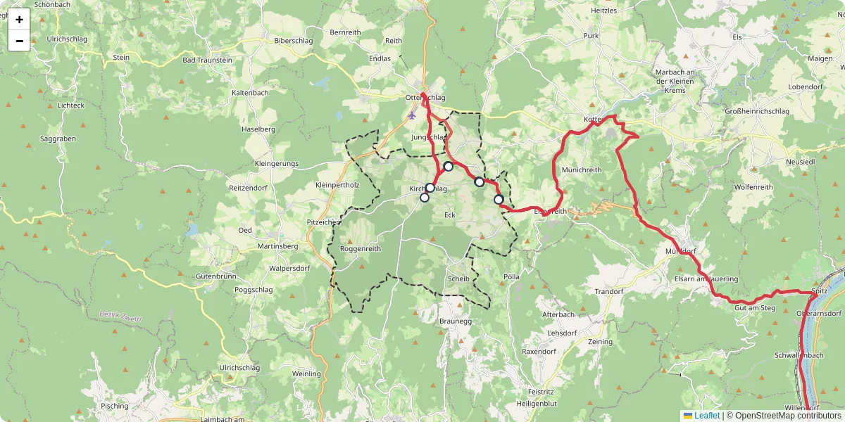 Nahverkehrsnetz in kirchschlag, Österreich - Buslinien, Haltestellen und Verbindungen auf der Karte
