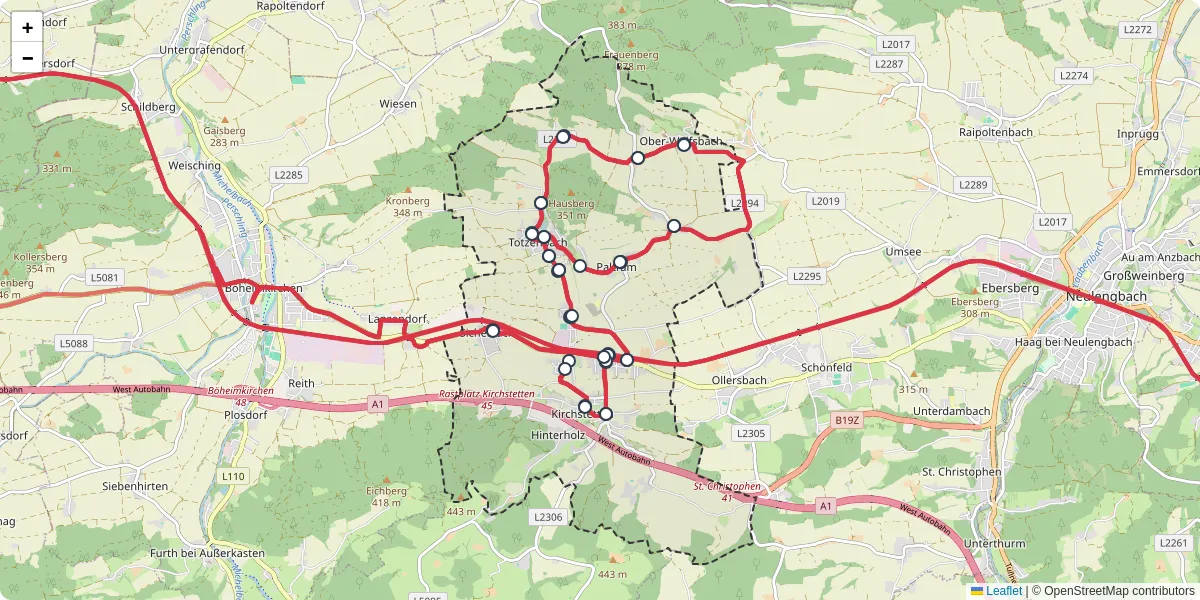 Nahverkehrsnetz in kirchstetten, Österreich - Buslinien, Haltestellen und Verbindungen auf der Karte