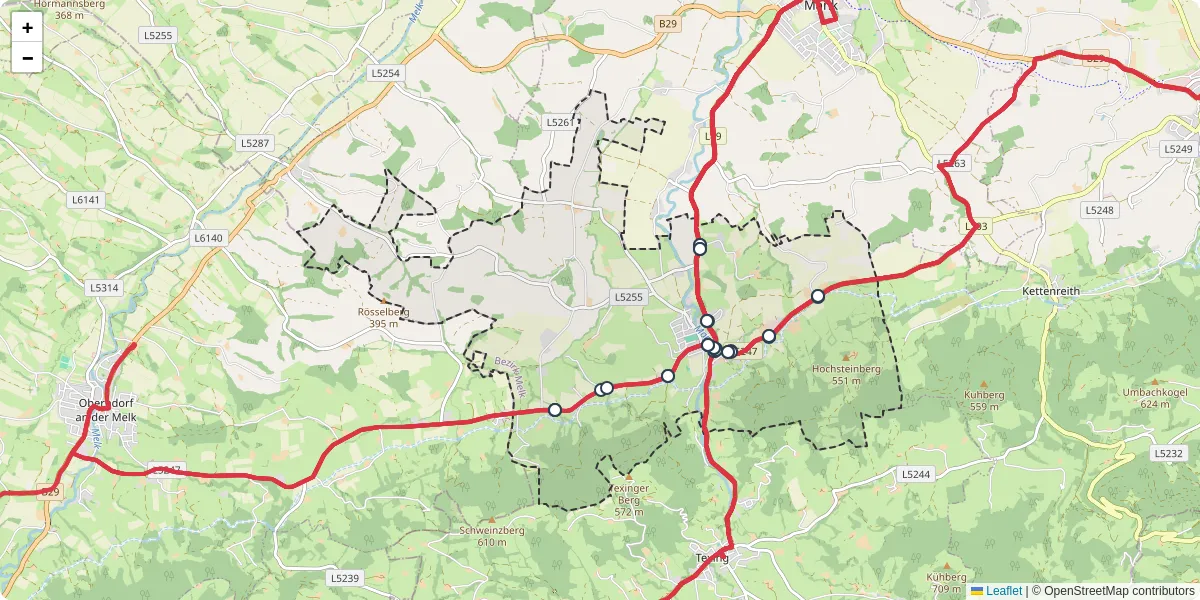 Nahverkehrsnetz in kirnberg-an-der-mank, Österreich - Buslinien, Haltestellen und Verbindungen auf der Karte