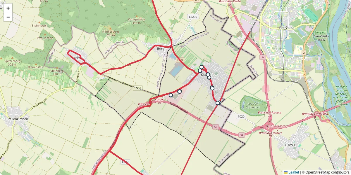 Nahverkehrsnetz in kittsee, Österreich - Buslinien, Haltestellen und Verbindungen auf der Karte