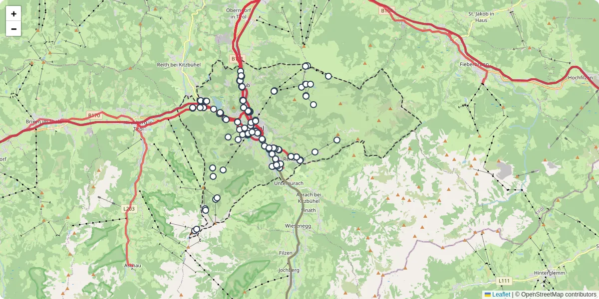 Nahverkehrsnetz in kitzbuhel, Österreich - Buslinien, Haltestellen und Verbindungen auf der Karte