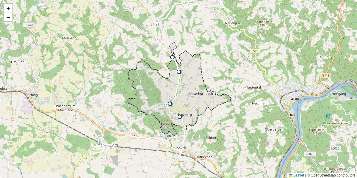 Nahverkehrsnetz in klam, Österreich - Buslinien, Haltestellen und Verbindungen auf der Karte