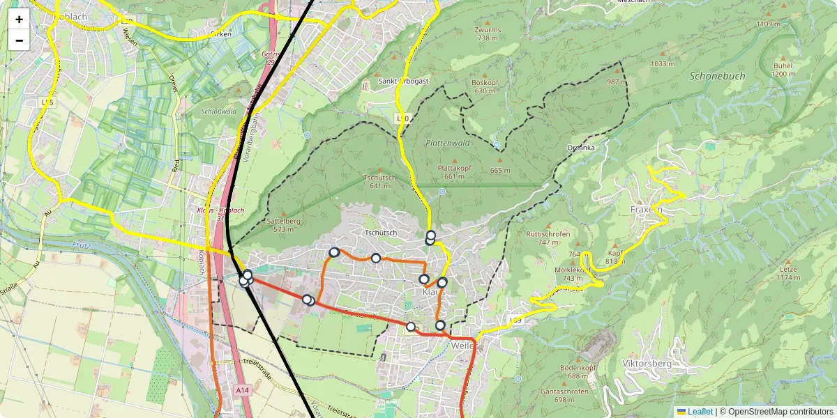 Nahverkehrsnetz in klaus, Österreich - Buslinien, Haltestellen und Verbindungen auf der Karte