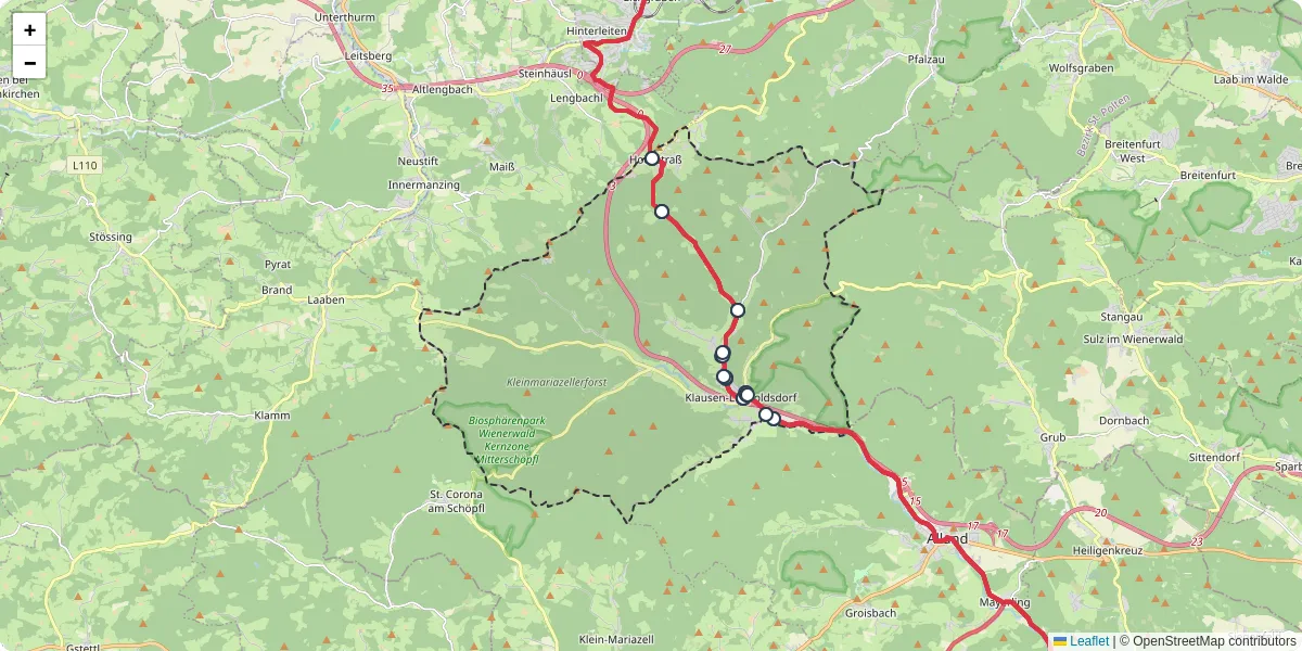 Nahverkehrsnetz in klausen-leopoldsdorf, Österreich - Buslinien, Haltestellen und Verbindungen auf der Karte