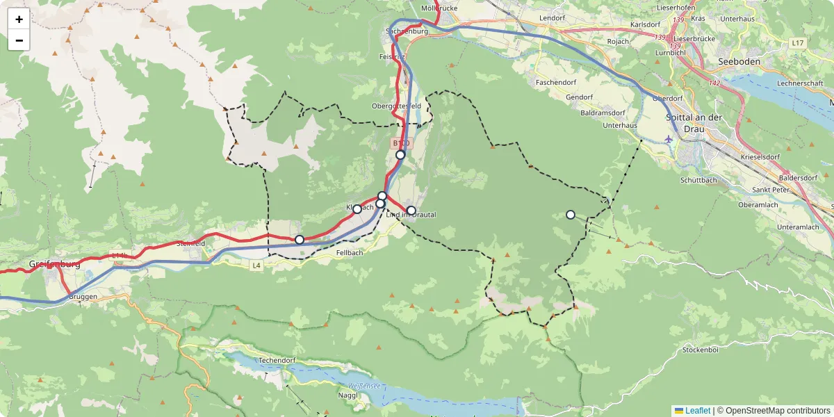 Nahverkehrsnetz in kleblach-lind, Österreich - Buslinien, Haltestellen und Verbindungen auf der Karte