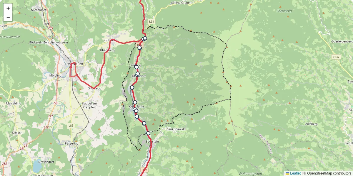 Nahverkehrsnetz in klein-sankt-paul, Österreich - Buslinien, Haltestellen und Verbindungen auf der Karte