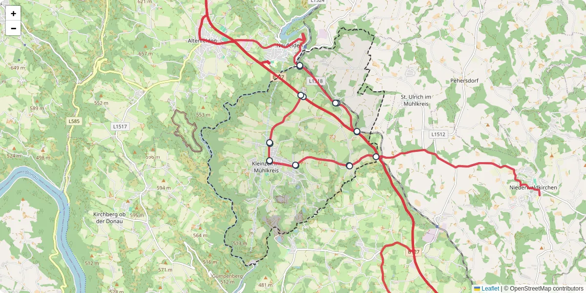 Nahverkehrsnetz in kleinzell-im-muhlkreis, Österreich - Buslinien, Haltestellen und Verbindungen auf der Karte