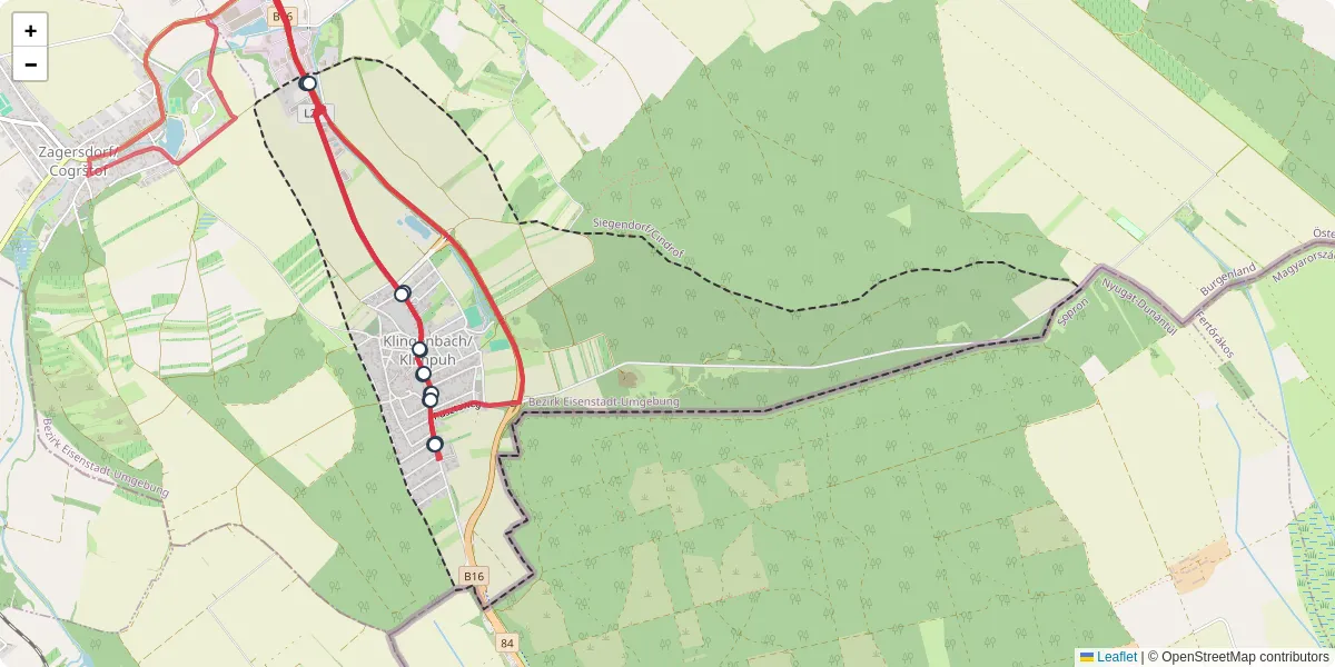 Nahverkehrsnetz in klingenbachklimpuh, Österreich - Buslinien, Haltestellen und Verbindungen auf der Karte