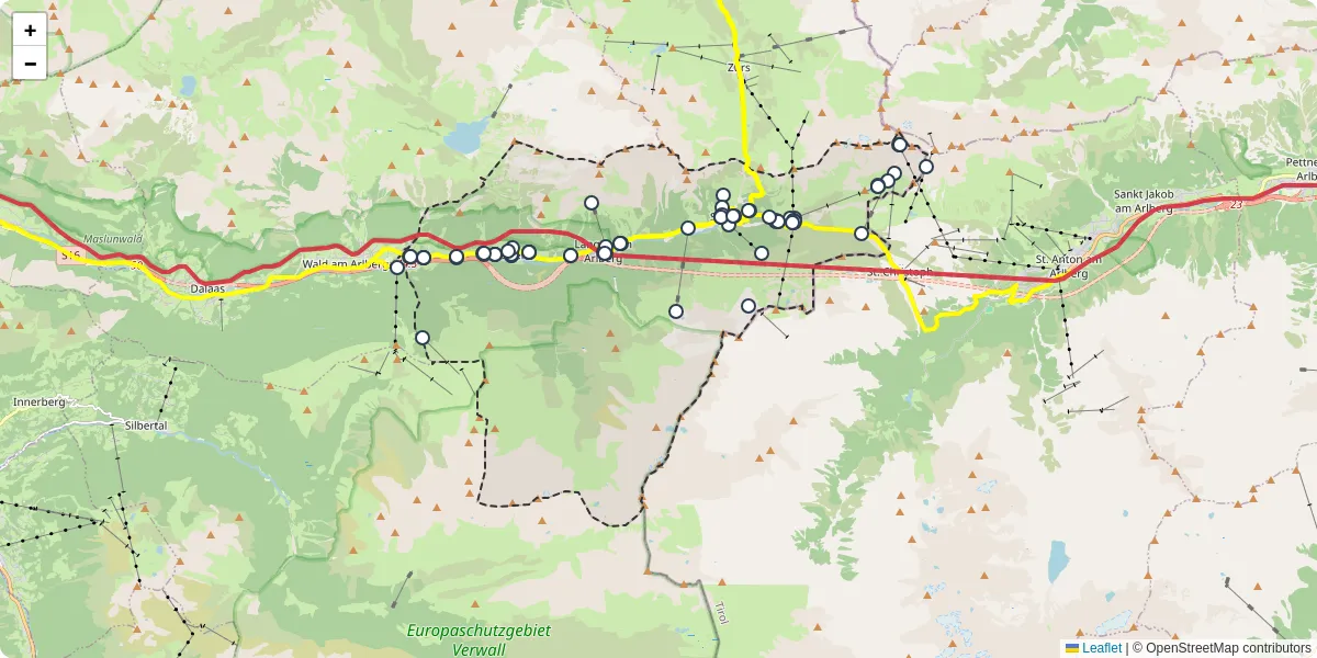 Nahverkehrsnetz in klosterle, Österreich - Buslinien, Haltestellen und Verbindungen auf der Karte