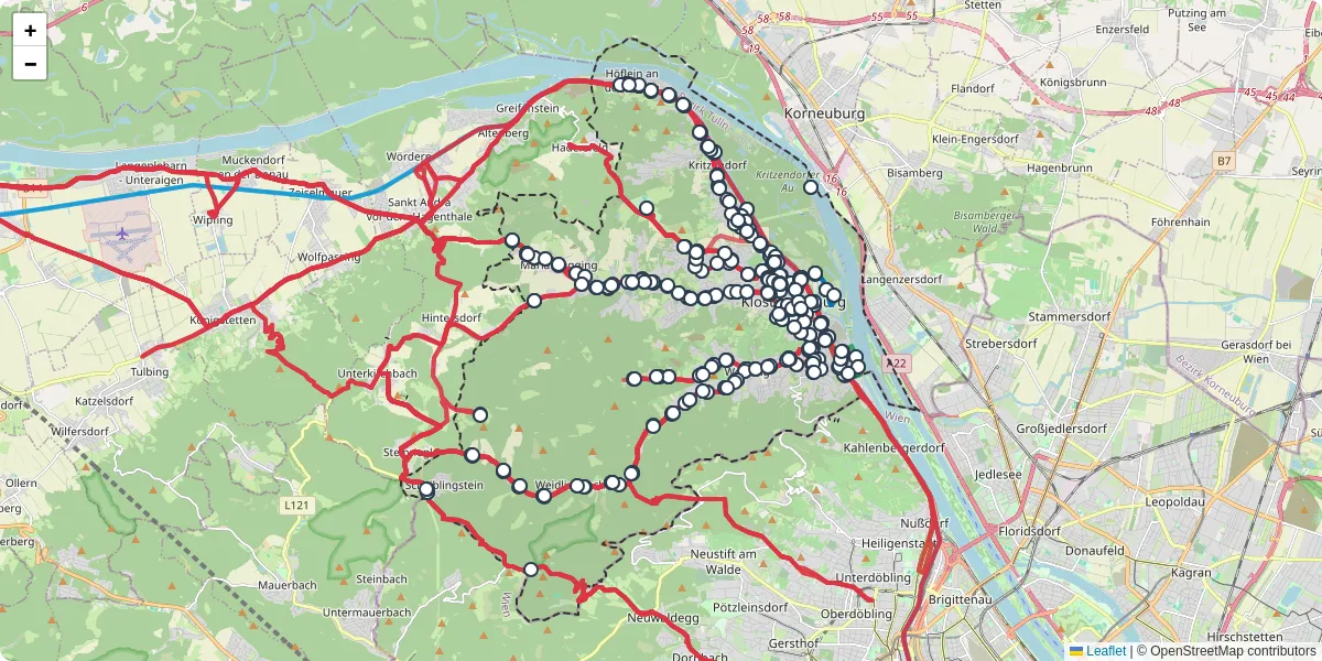 Nahverkehrsnetz in klosterneuburg, Österreich - Buslinien, Haltestellen und Verbindungen auf der Karte