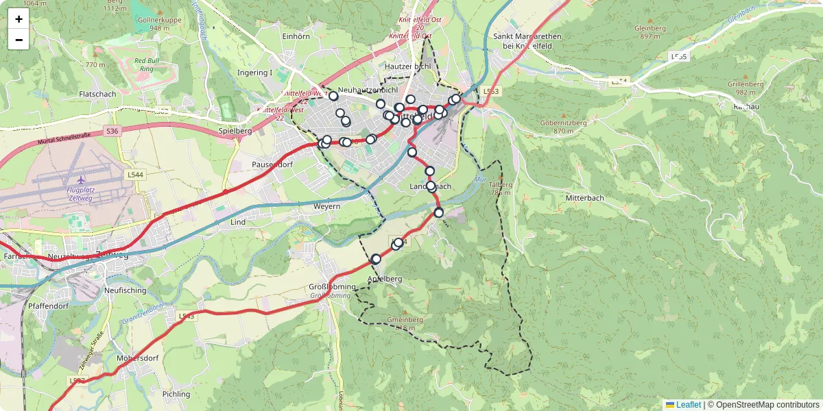 Nahverkehrsnetz in knittelfeld, Österreich - Buslinien, Haltestellen und Verbindungen auf der Karte