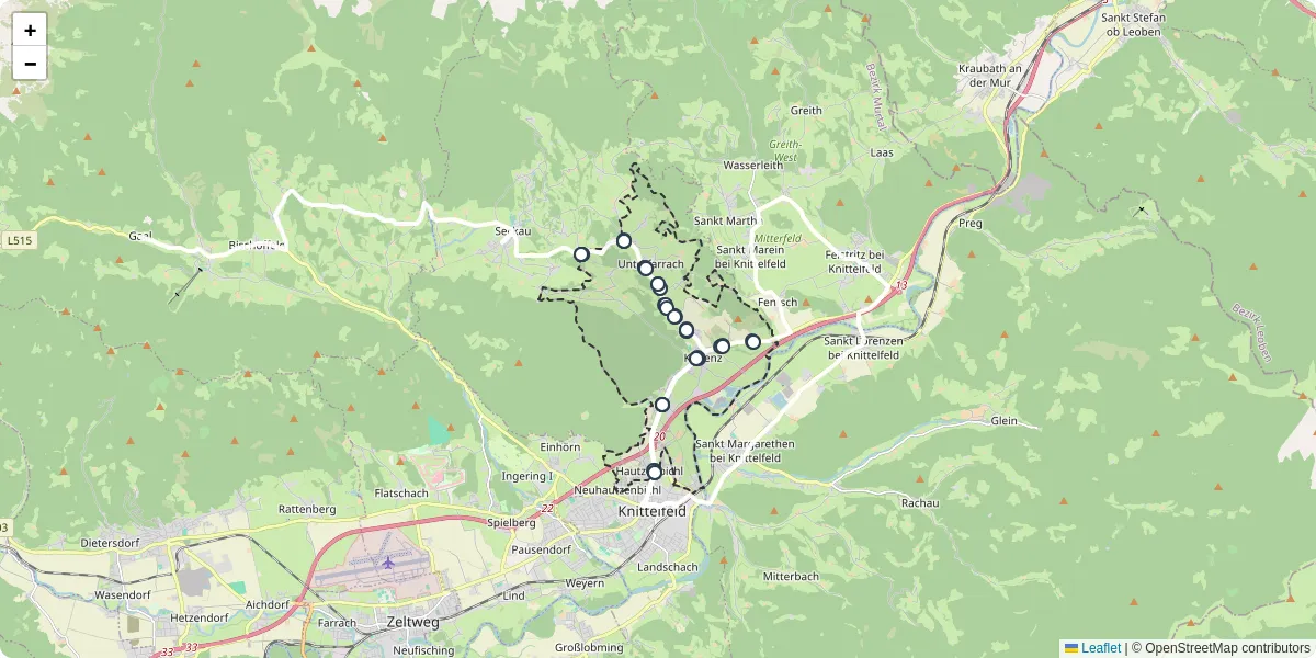 Nahverkehrsnetz in kobenz, Österreich - Buslinien, Haltestellen und Verbindungen auf der Karte