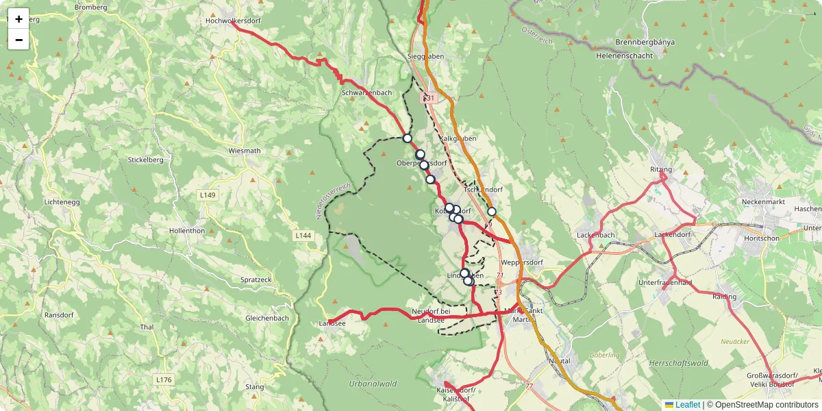 Nahverkehrsnetz in kobersdorf, Österreich - Buslinien, Haltestellen und Verbindungen auf der Karte