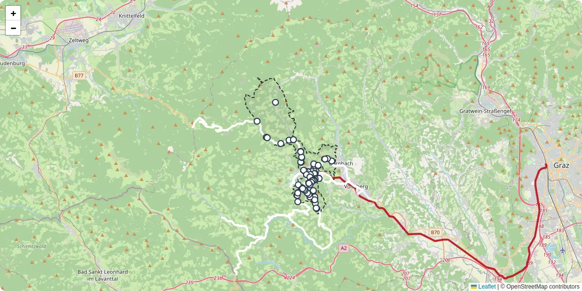 Nahverkehrsnetz in koflach, Österreich - Buslinien, Haltestellen und Verbindungen auf der Karte