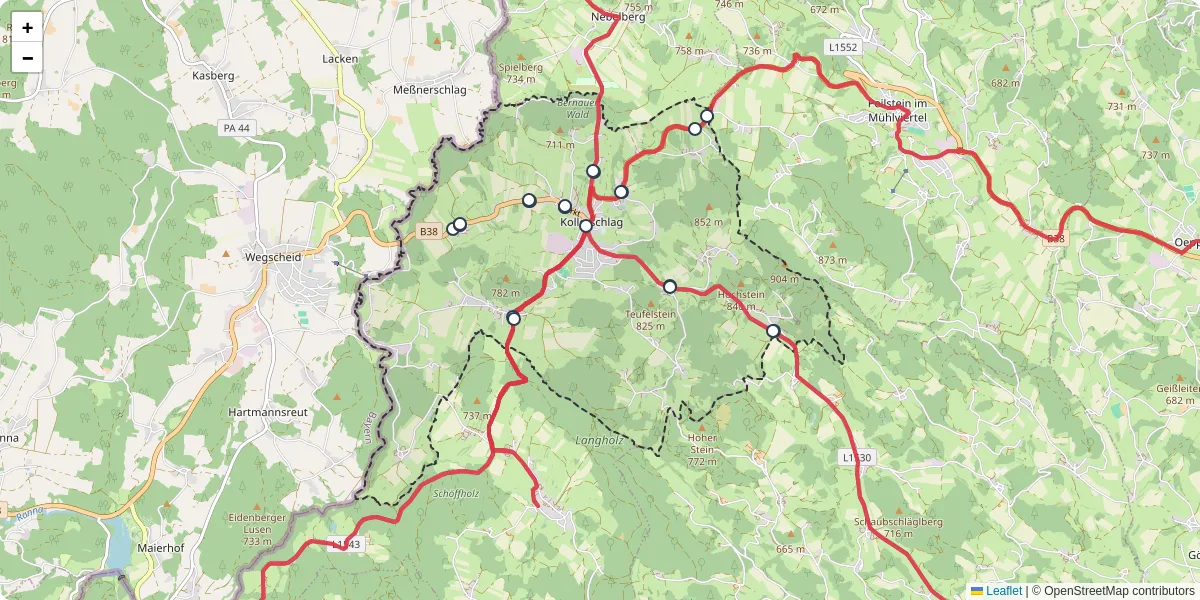 Nahverkehrsnetz in kollerschlag, Österreich - Buslinien, Haltestellen und Verbindungen auf der Karte