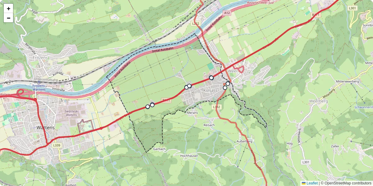 Nahverkehrsnetz in kolsass, Österreich - Buslinien, Haltestellen und Verbindungen auf der Karte
