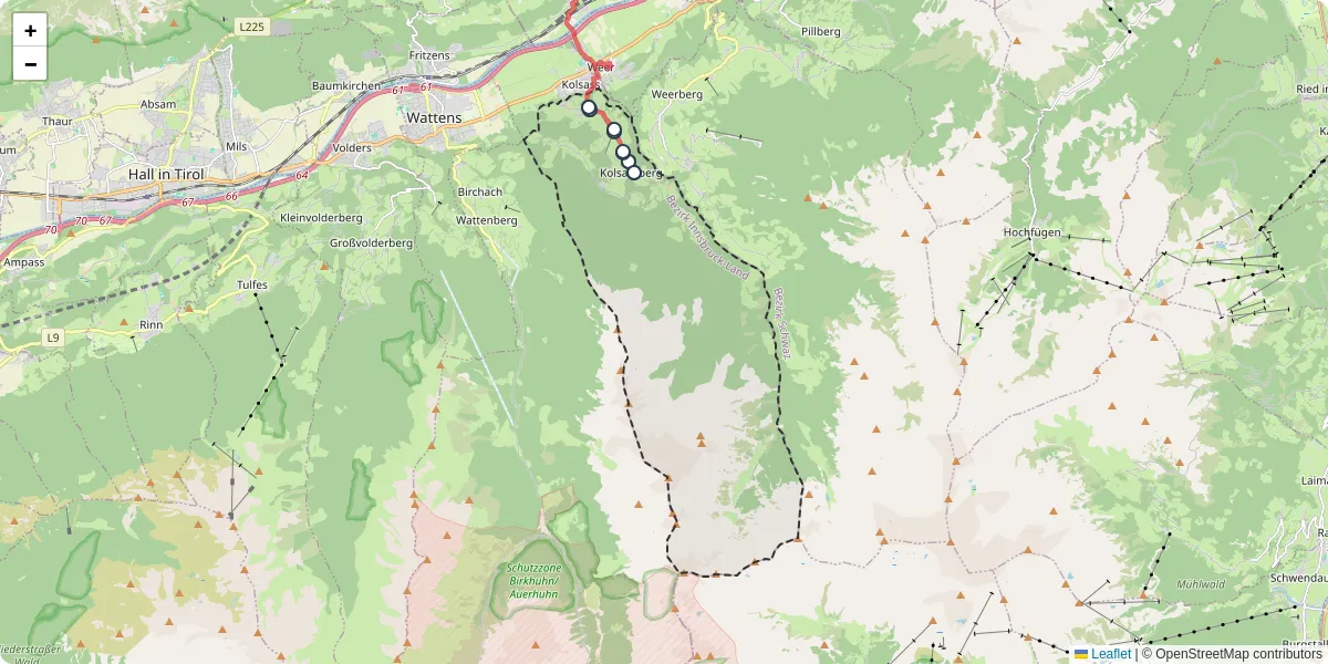 Nahverkehrsnetz in kolsassberg, Österreich - Buslinien, Haltestellen und Verbindungen auf der Karte