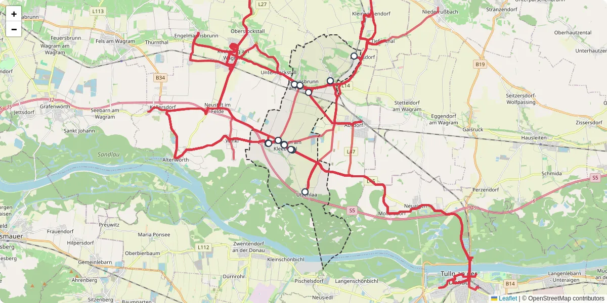 Nahverkehrsnetz in konigsbrunn-am-wagram, Österreich - Buslinien, Haltestellen und Verbindungen auf der Karte