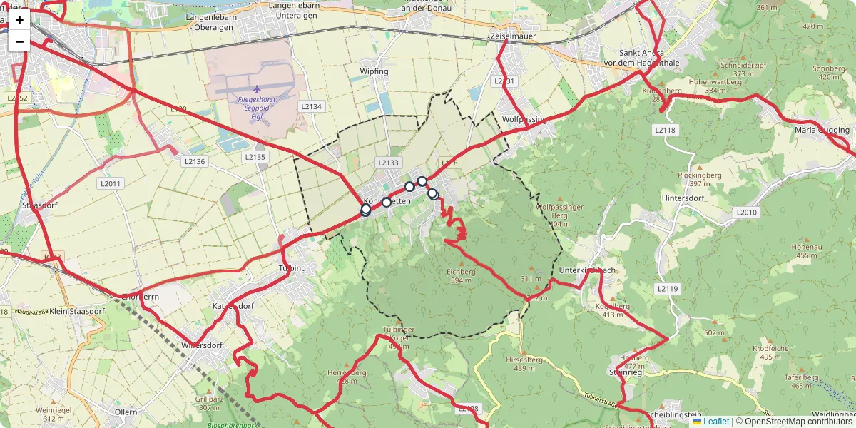 Nahverkehrsnetz in konigstetten, Österreich - Buslinien, Haltestellen und Verbindungen auf der Karte