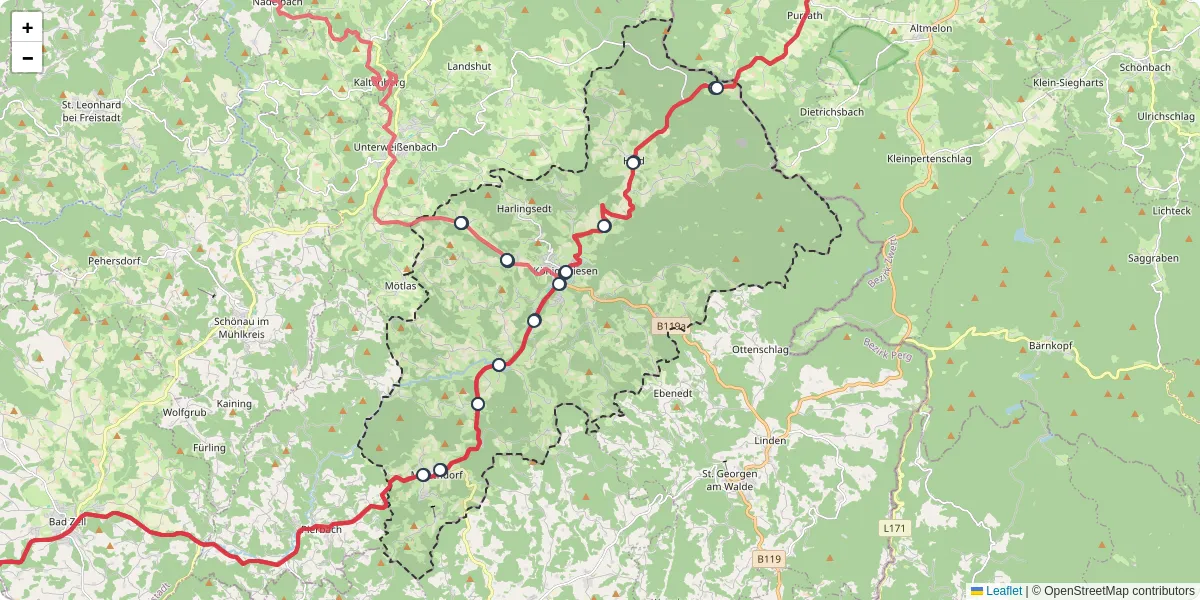 Nahverkehrsnetz in konigswiesen, Österreich - Buslinien, Haltestellen und Verbindungen auf der Karte