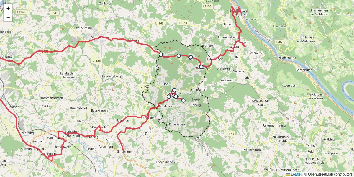 Nahverkehrsnetz in kopfing-im-innkreis, Österreich - Buslinien, Haltestellen und Verbindungen auf der Karte