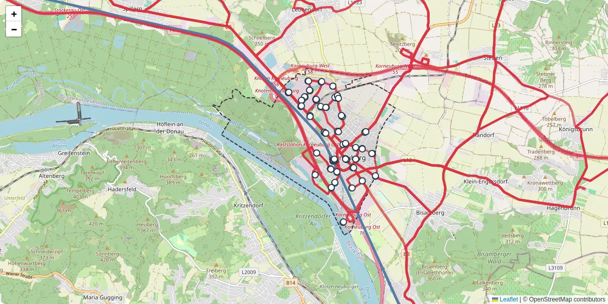 Nahverkehrsnetz in korneuburg, Österreich - Buslinien, Haltestellen und Verbindungen auf der Karte