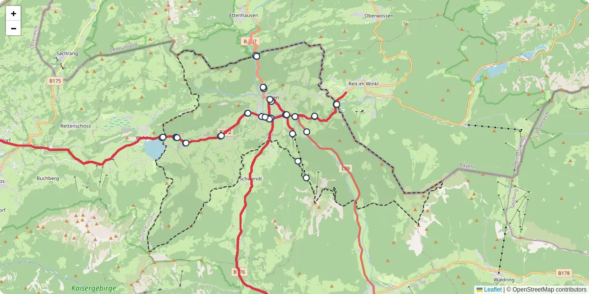 Nahverkehrsnetz in kossen, Österreich - Buslinien, Haltestellen und Verbindungen auf der Karte