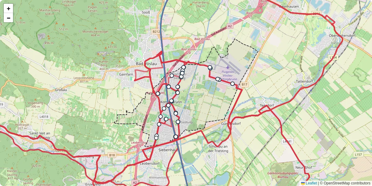 Nahverkehrsnetz in kottingbrunn, Österreich - Buslinien, Haltestellen und Verbindungen auf der Karte