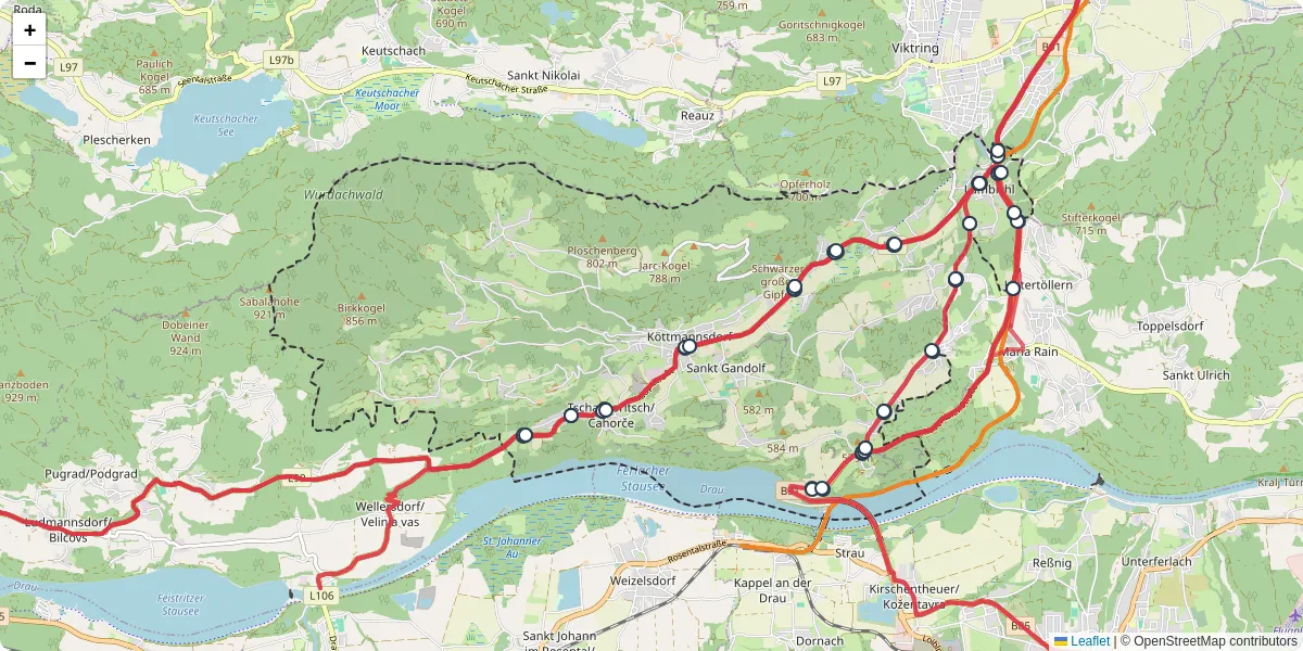 Nahverkehrsnetz in kottmannsdorf, Österreich - Buslinien, Haltestellen und Verbindungen auf der Karte
