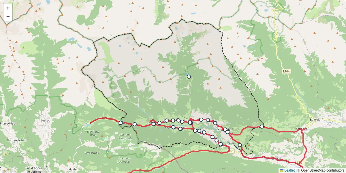 Nahverkehrsnetz in krakau, Österreich - Buslinien, Haltestellen und Verbindungen auf der Karte
