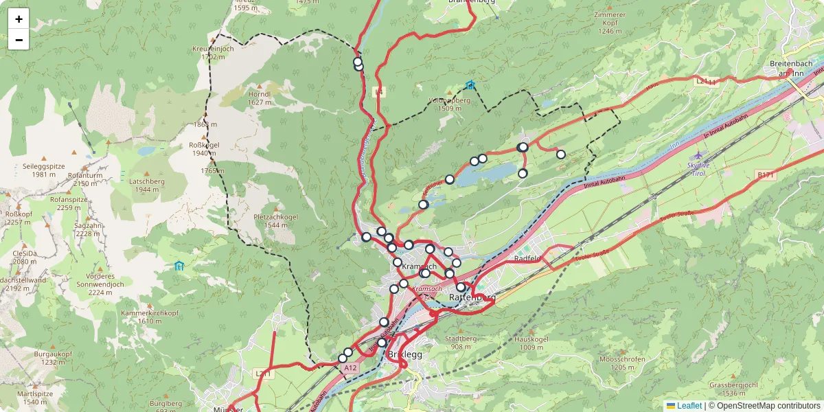 Nahverkehrsnetz in kramsach, Österreich - Buslinien, Haltestellen und Verbindungen auf der Karte
