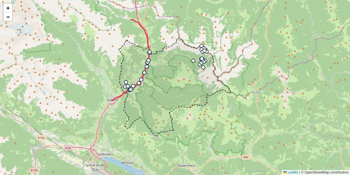 Nahverkehrsnetz in krems-in-karnten, Österreich - Buslinien, Haltestellen und Verbindungen auf der Karte