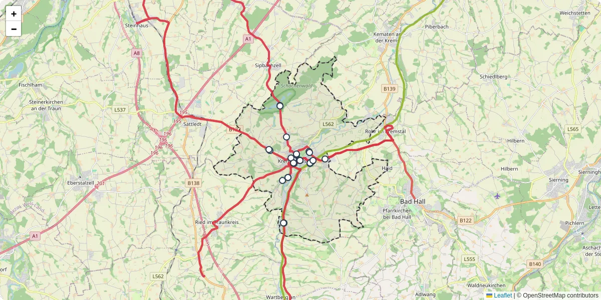 Nahverkehrsnetz in kremsmunster, Österreich - Buslinien, Haltestellen und Verbindungen auf der Karte