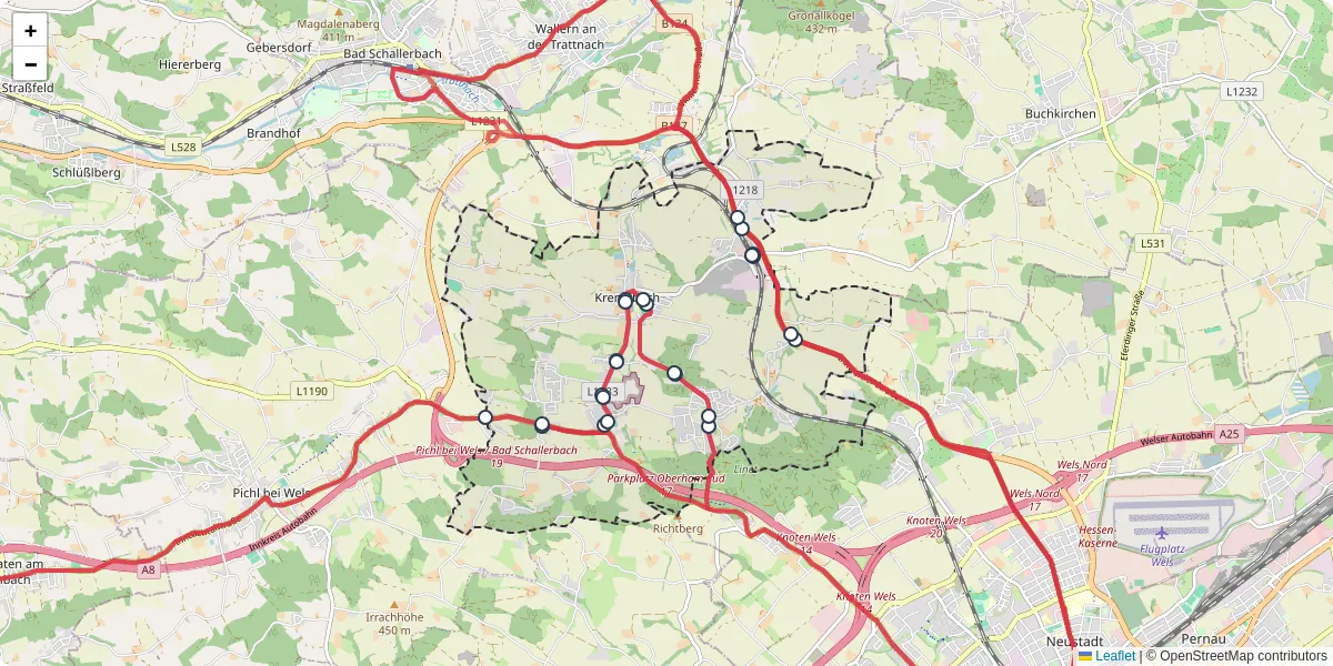Nahverkehrsnetz in krenglbach, Österreich - Buslinien, Haltestellen und Verbindungen auf der Karte