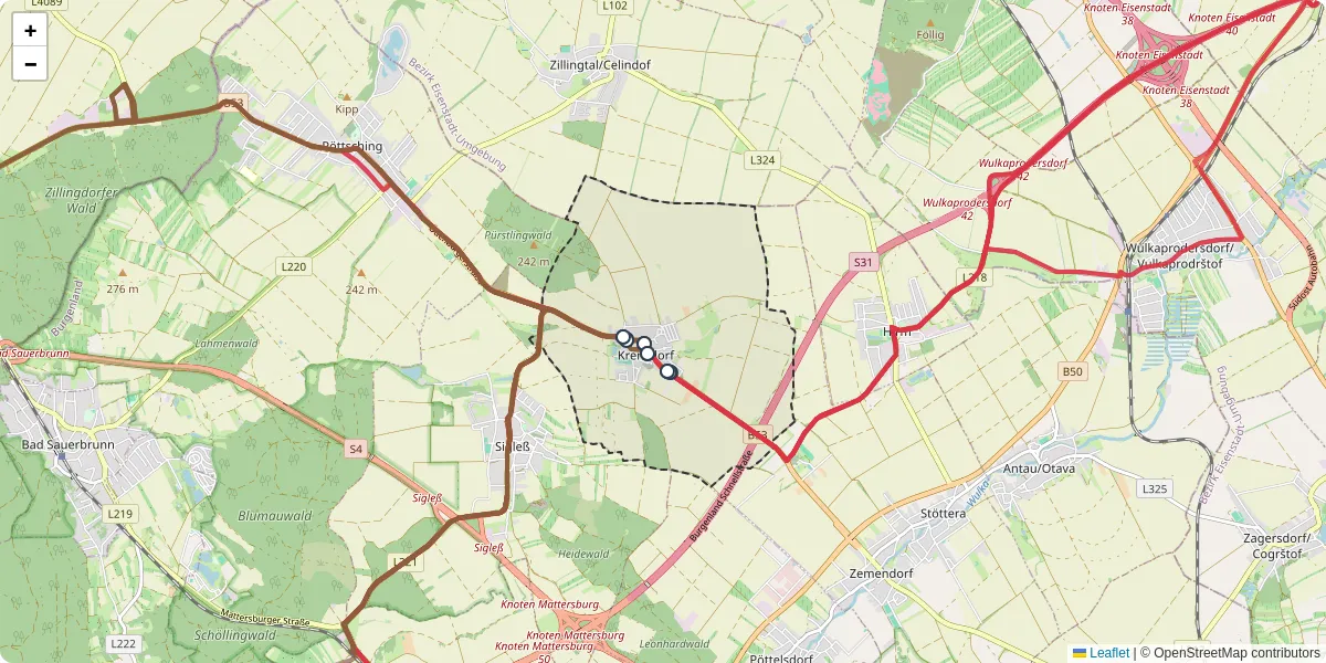 Nahverkehrsnetz in krensdorf, Österreich - Buslinien, Haltestellen und Verbindungen auf der Karte