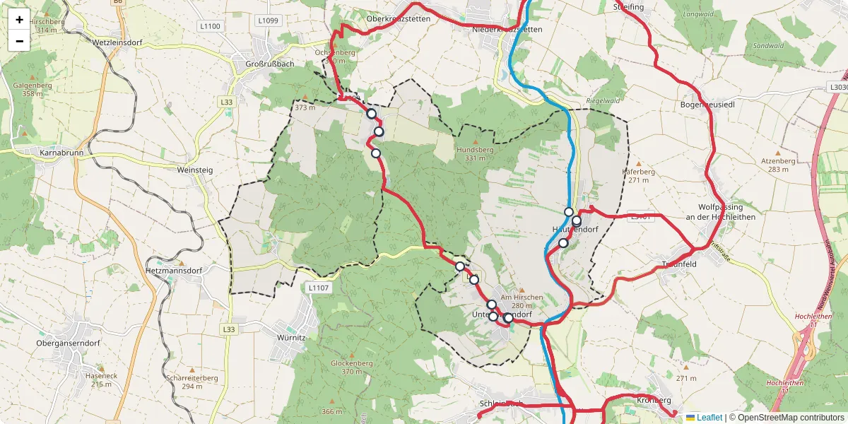 Nahverkehrsnetz in kreuttal, Österreich - Buslinien, Haltestellen und Verbindungen auf der Karte