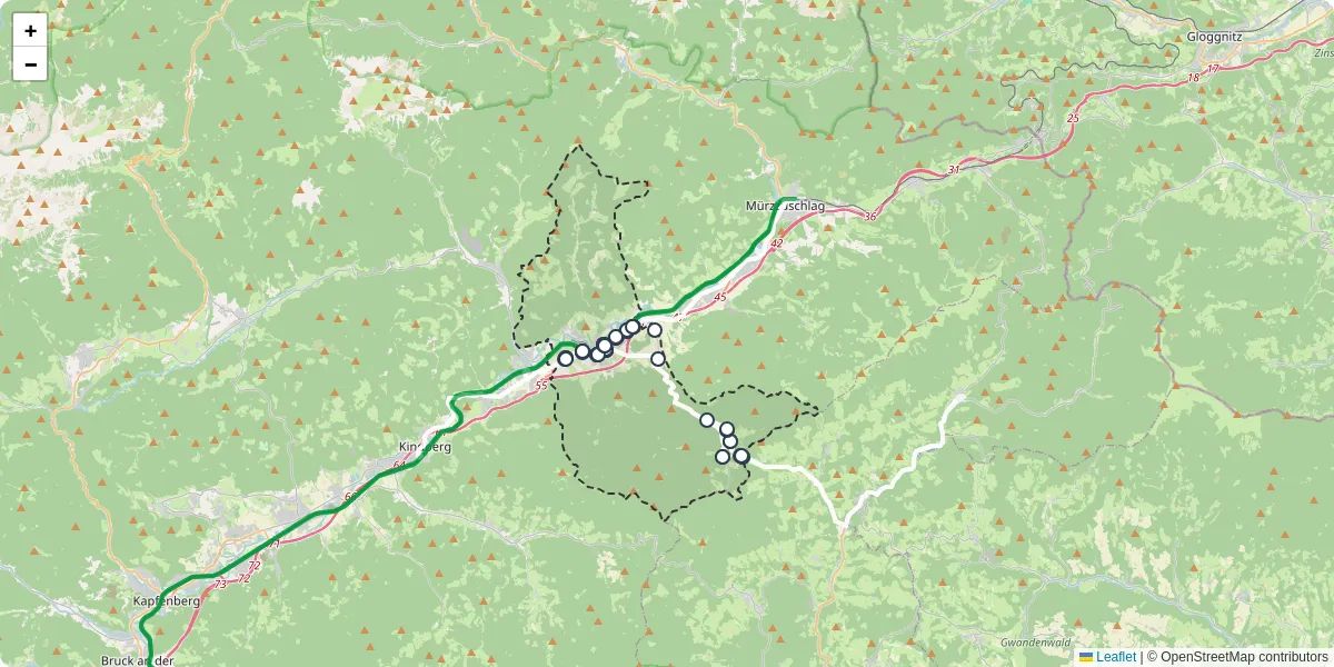 Nahverkehrsnetz in krieglach, Österreich - Buslinien, Haltestellen und Verbindungen auf der Karte