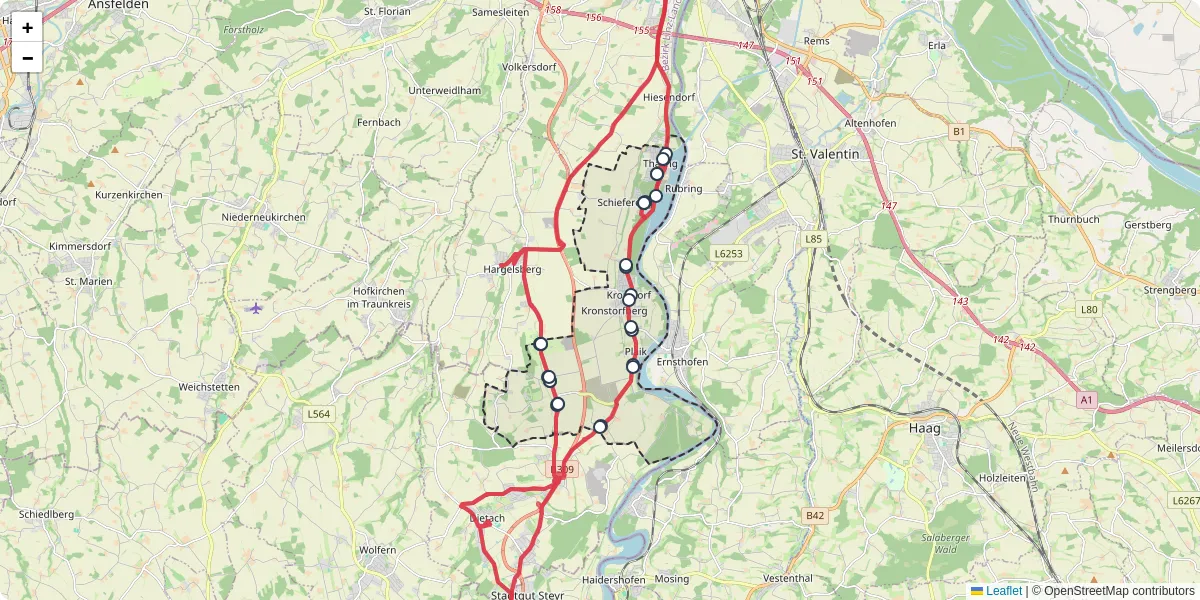 Nahverkehrsnetz in kronstorf, Österreich - Buslinien, Haltestellen und Verbindungen auf der Karte