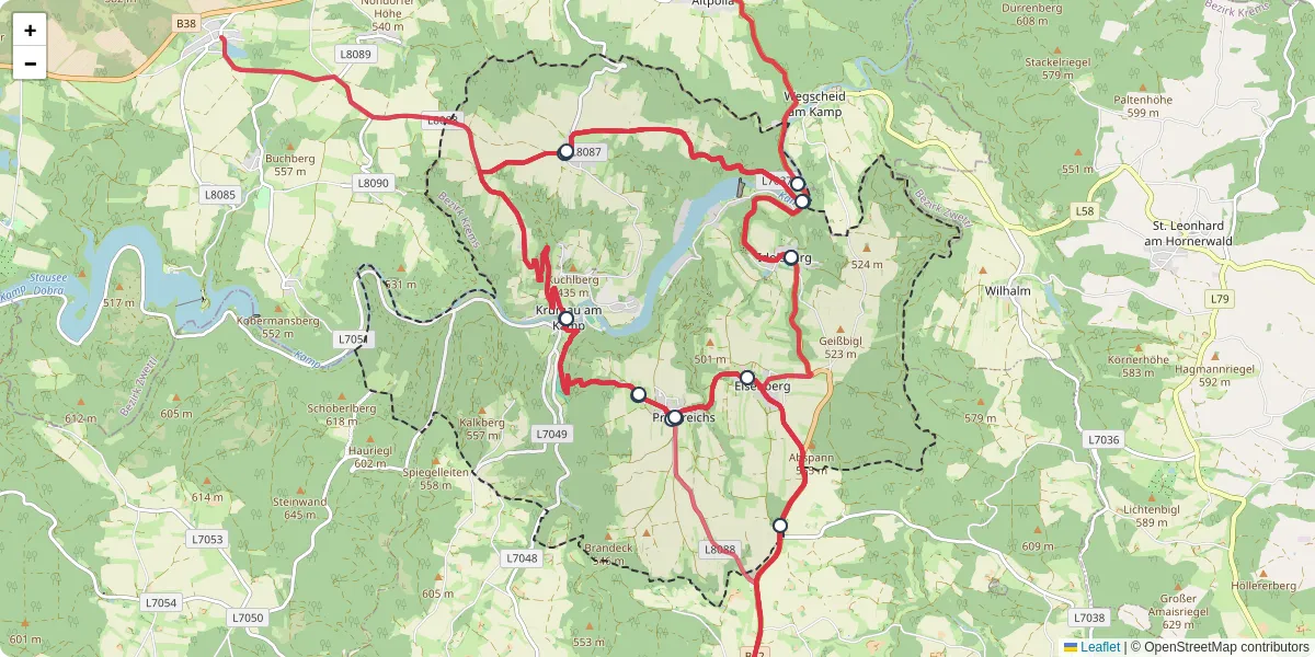 Nahverkehrsnetz in krumau-am-kamp, Österreich - Buslinien, Haltestellen und Verbindungen auf der Karte