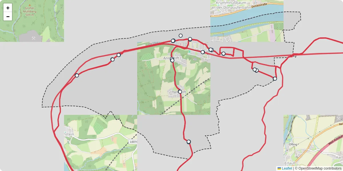 Nahverkehrsnetz in krummnubaum, Österreich - Buslinien, Haltestellen und Verbindungen auf der Karte
